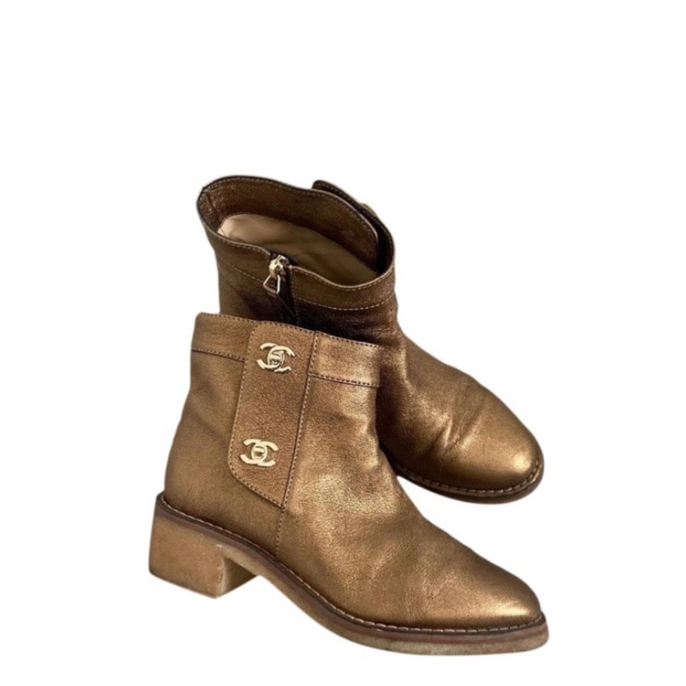 CHANEL GOLD turn lock boots 37.5 RARE